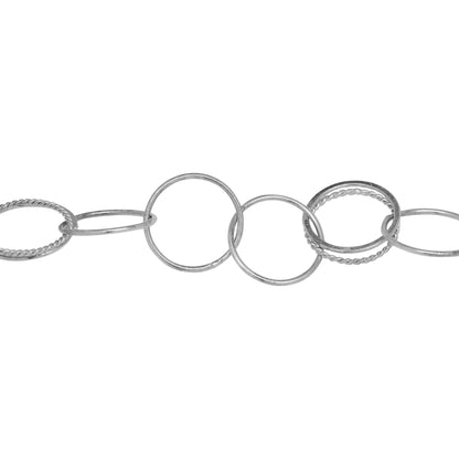 Chain by Foot. Sterling Silver Three 16.0mm Width / Length Smooth Circle Links Connected to Double 16.0mm Width / Length Flat and Twisted Circle Links, Circle Chain. Price per: 1 Foot.