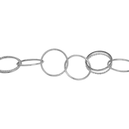 Chain by Foot. Sterling Silver Three 16.0mm Width / Length Smooth Circle Links Connected to Double 16.0mm Width / Length Flat and Twisted Circle Links, Circle Chain. Price per: 1 Foot.