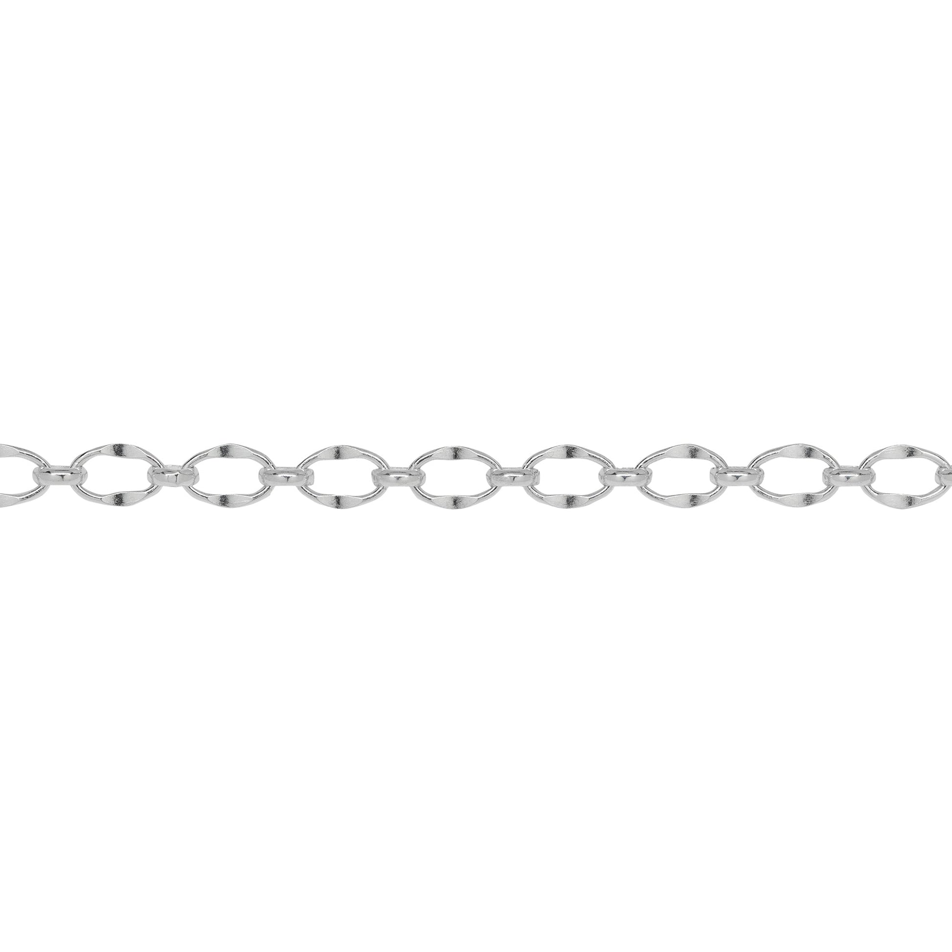 Chain by Foot. Sterling Silver 4.8mm Width by 7.9mm Length, Dapped Oval Link Connected to 3.5mm Width by 4.0mm Length Oval Rolo Link, Long and Short Chain. Price per: 1 Foot.
