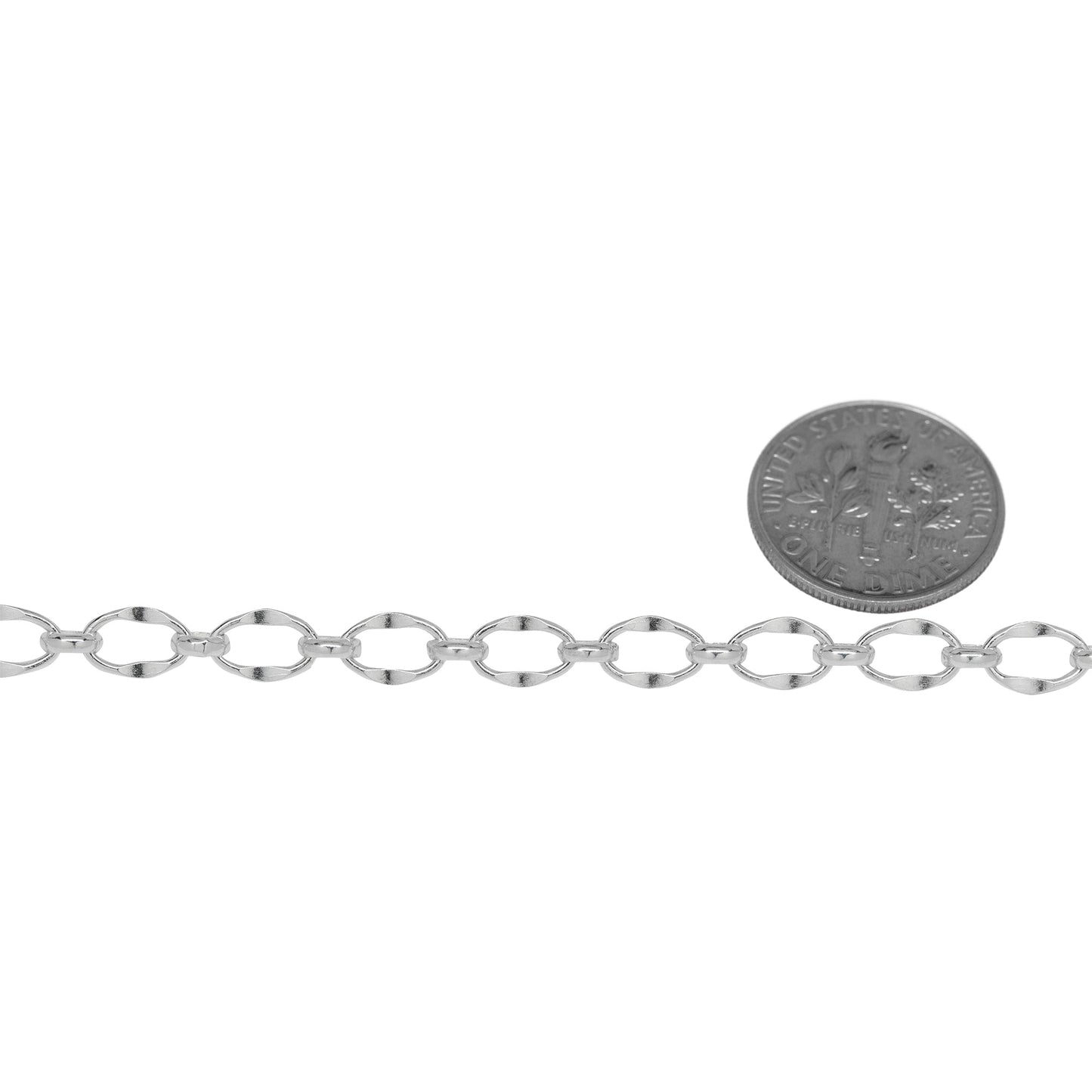 Sterling Silver 4.8mm Width by 7.9mm Length, Dapped Oval Link Connected to 3.5mm Width by 4.0mm Length Oval Rolo Link, Long and Short Chain. Price per: 1 Foot.