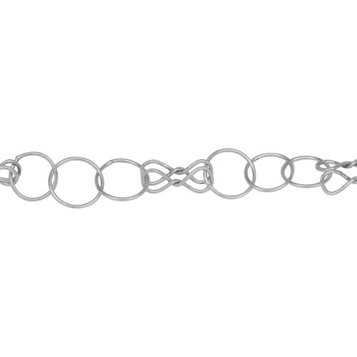 Chain by Foot. Sterling Silver Three of 9.0mm Width / Length Smooth Circle Links Connected to Double 5.0mm width by 13.0mm length Figure 8 Links, Figure 8 Chain. Price per: 1 Foot.