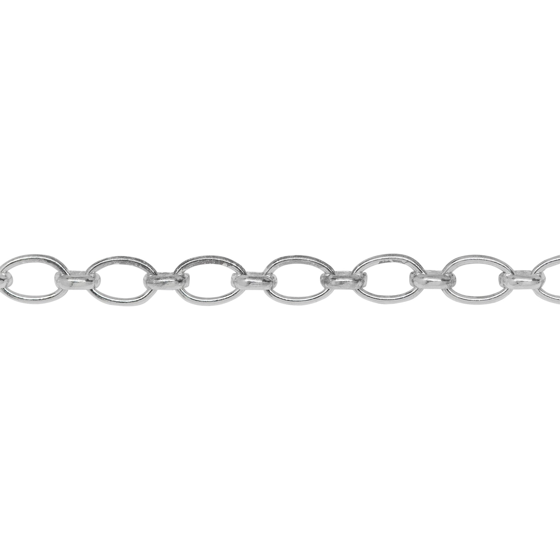 Chain by Foot. Sterling Silver 4.6mm Width by 7.0mm Length Smooth Oval Link Followed by 3.7mm by 4.1mm Rolo Link, Long and Short Chain. Price per: 1 Foot.