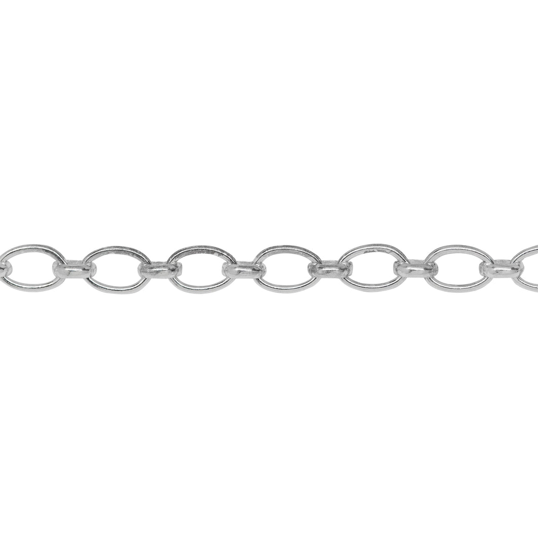 Chain by Foot. Sterling Silver 4.6mm Width by 7.0mm Length Smooth Oval Link Followed by 3.7mm by 4.1mm Rolo Link, Long and Short Chain. Price per: 1 Foot.