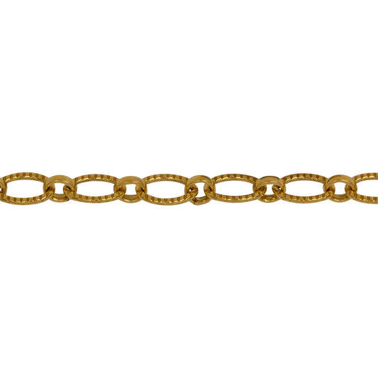 Chain by Foot. 14kt Gold Filled 4.7mm Width by 7.5mm Length Corrugated Oval Link Followed by 3.7mm by 4.0mm Rolo Link, Long and Short Chain. Price per: 1 Foot.