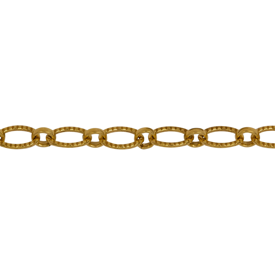 Chain by Foot. 14kt Gold Filled 4.7mm Width by 7.5mm Length Corrugated Oval Link Followed by 3.7mm by 4.0mm Rolo Link, Long and Short Chain. Price per: 1 Foot.