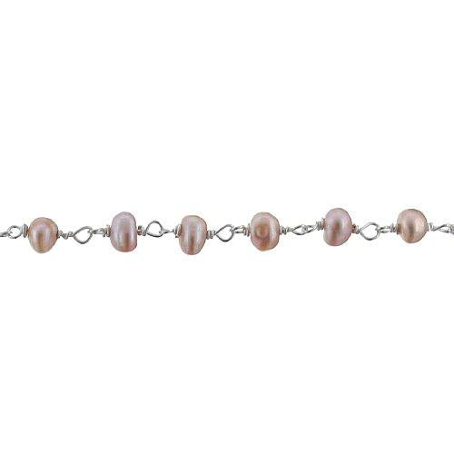 Brass Silver Plated 3.5mm Fresh Water Pink Pearl Chain. Price per: 1 Inch.