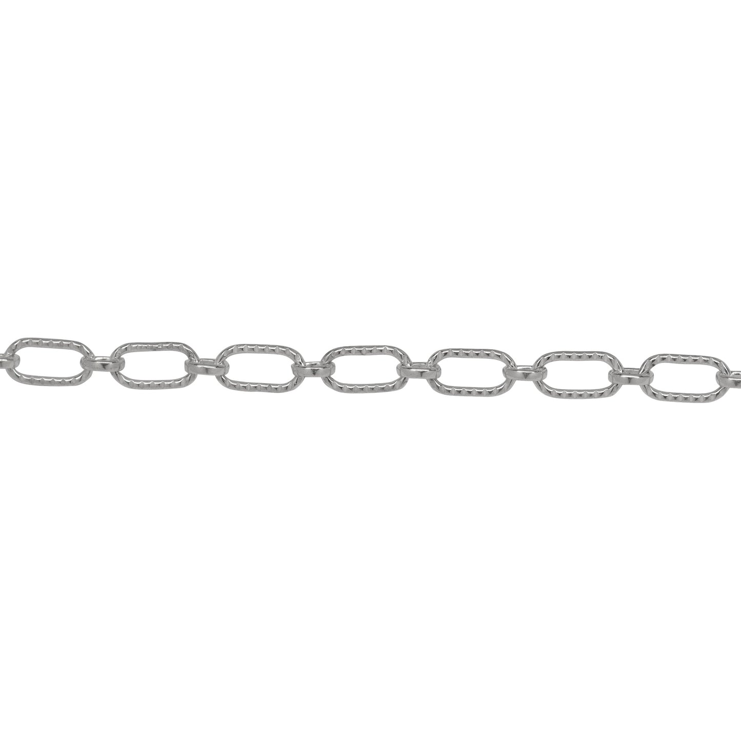 Chain by Foot. Sterling Silver 3.3mm Width by 6.3mm Length Corrugated Oval Connected With 2.7mm Width by 3.1mm Length Oval Rolo Link, Long and Short Chain. Price per: 1 Foot.