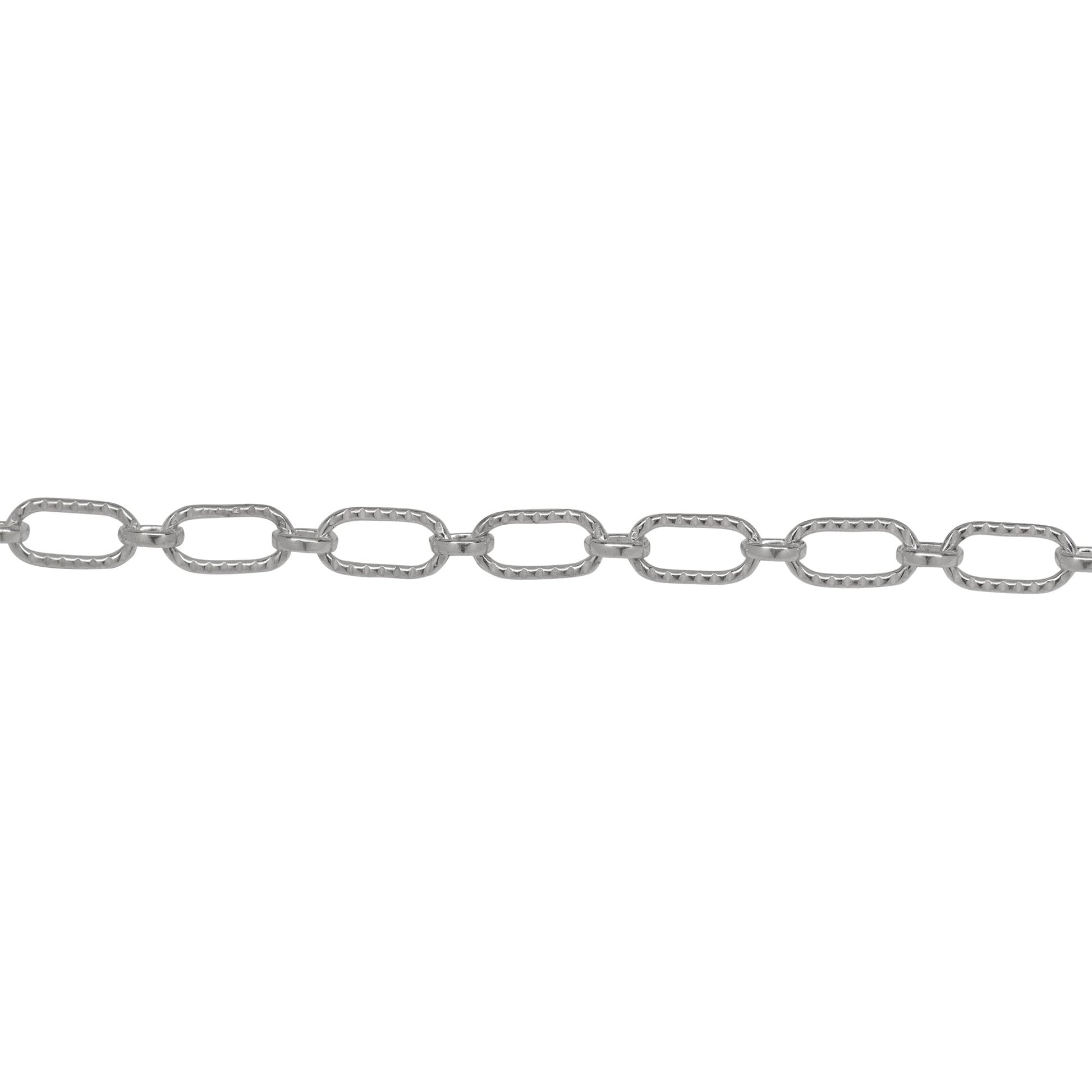 Chain by Foot. Sterling Silver 3.3mm Width by 6.3mm Length Corrugated Oval Connected With 2.7mm Width by 3.1mm Length Oval Rolo Link, Long and Short Chain. Price per: 1 Foot.