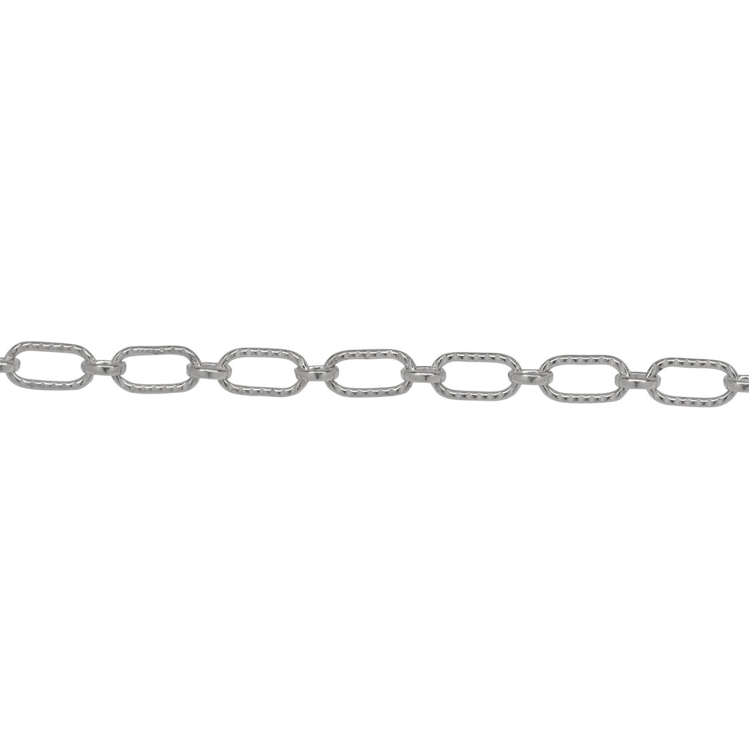 Chain by Foot. Sterling Silver 3.3mm Width by 6.3mm Length Corrugated Oval Connected With 2.7mm Width by 3.1mm Length Oval Rolo Link, Long and Short Chain. Price per: 1 Foot.