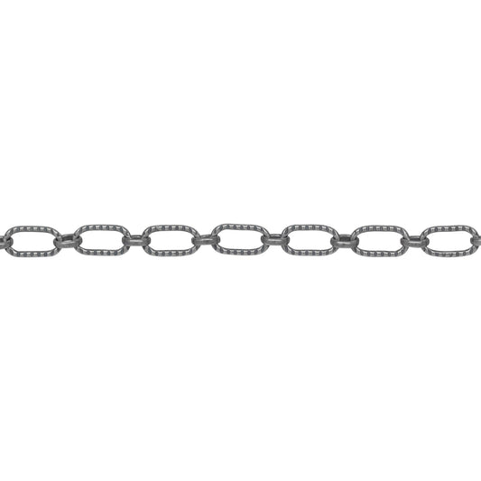 Chain by Foot. Sterling Silver Oxidized 3.3mm Width by 6.3mm Length Corrugated Oval Connected With 2.7mm Width by 3.1mm Length Oval Rolo Link, Long and Short Chain. Price per: 1 Foot.