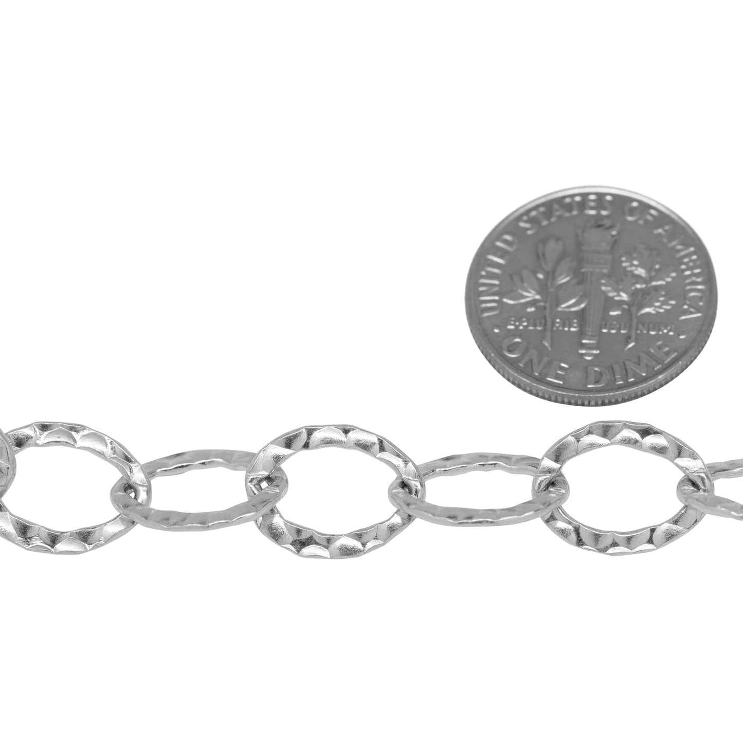 Sterling Silver 9.0mm Width by 12.4mm Length, Hammered Cable Chain. Price per: 1 Foot.