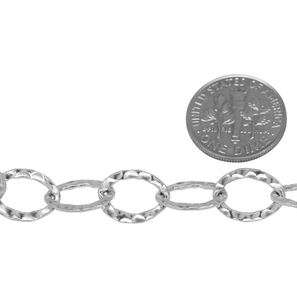 Sterling Silver 9.0mm Width by 12.4mm Length, Hammered Cable Chain. Price per: 1 Foot.
