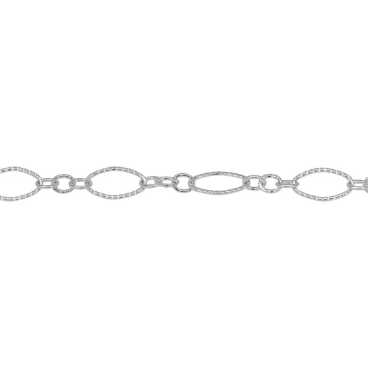 Chain by Foot. Sterling Silver One of 4.1mm Width by 7.8mm Length Corrugated Long Oval Link Followed by Three of 2.5mm Width by 3.0mm Length Smaller Oval Links With Middle Smaller Oval Link Being Smooth, Long and Short Chain. Price per: 1 Foot.