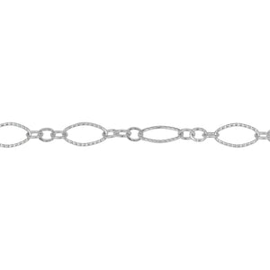 Chain by Foot. Sterling Silver One of 4.1mm Width by 7.8mm Length Corrugated Long Oval Link Followed by Three of 2.5mm Width by 3.0mm Length Smaller Oval Links With Middle Smaller Oval Link Being Smooth, Long and Short Chain. Price per: 1 Foot.