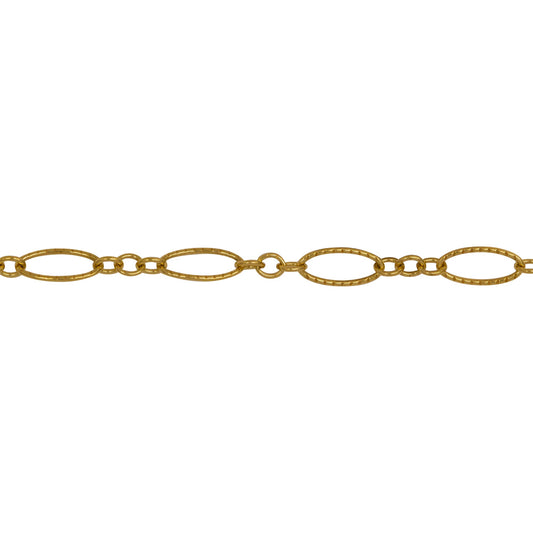 Chain by Foot. 14kt Gold Filled One of 4.1mm Width by 7.8mm Length Corrugated Long Oval Link Followed by Three of 2.5mm Width by 3.0mm Length Smaller Oval Links With Middle Smaller Oval Link Being Smooth, Long and Short Chain. Price per: 1 Foot.