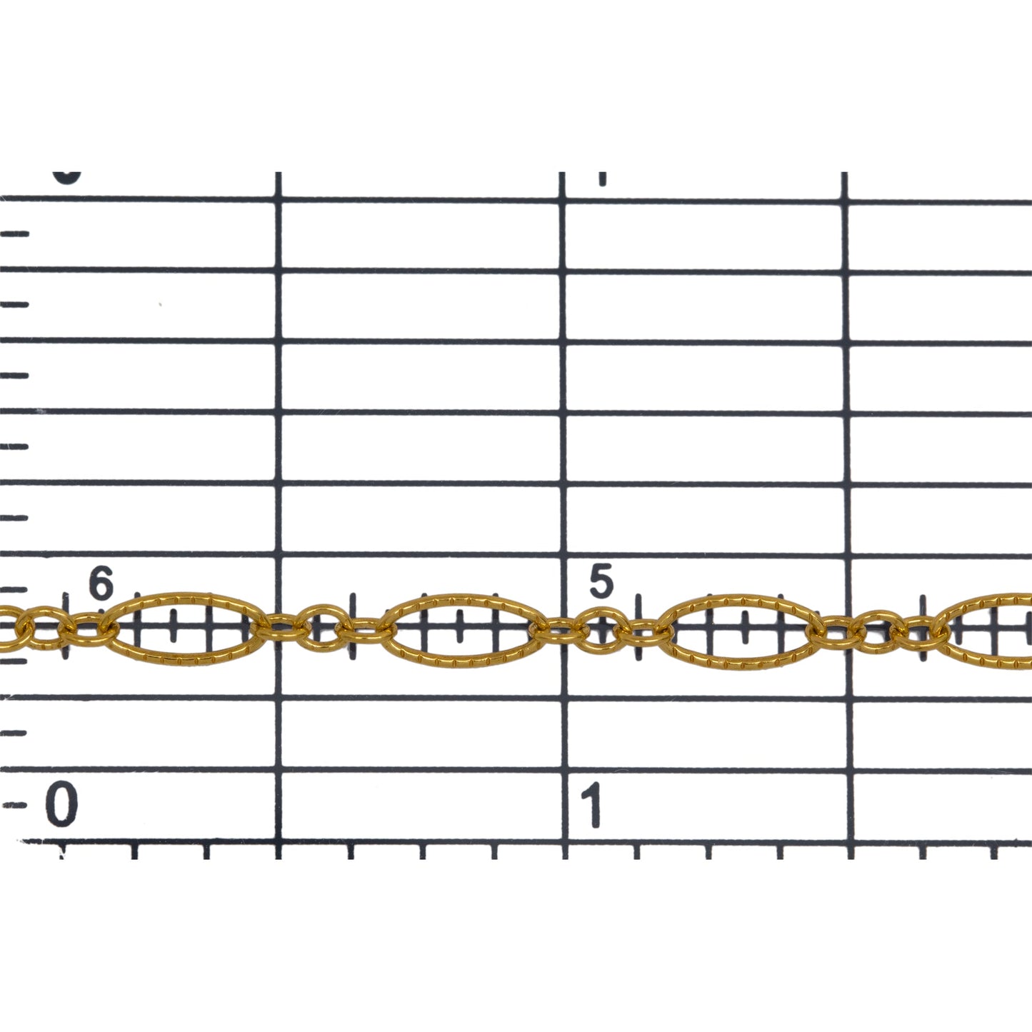 14kt Gold Filled One of 4.1mm Width by 7.8mm Length Corrugated Long Oval Link Followed by Three of 2.5mm Width by 3.0mm Length Smaller Oval Links With Middle Smaller Oval Link Being Smooth, Long and Short Chain. Price per: 1 Foot.