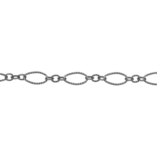 Chain by Foot. Sterling Silver Oxidized One of 4.1mm Width by 7.8mm Length Corrugated Long Oval Link Followed by Three of 2.5mm Width by 3.0mm Length Smaller Oval Links With Middle Smaller Oval Link Being Smooth, Long and Short Chain. Price per: 1 Foot.