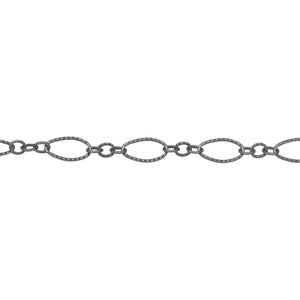Chain by Foot. Sterling Silver Oxidized One of 4.1mm Width by 7.8mm Length Corrugated Long Oval Link Followed by Three of 2.5mm Width by 3.0mm Length Smaller Oval Links With Middle Smaller Oval Link Being Smooth, Long and Short Chain. Price per: 1 Foot.
