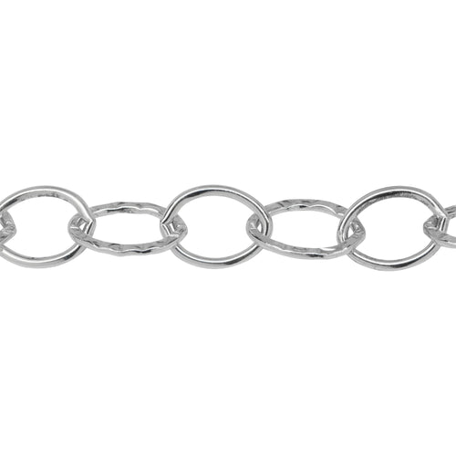 Chain by Foot. Sterling Silver 9.40mm Width by 13.03mm Length, Hammered Oval Link Connected with 9.15mm Width by 12.47mm Length Smooth Oval Link Cable Chain. Price per: 1 Foot.