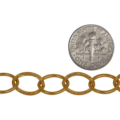 14kt Gold Filled 9.40mm Width by 13.03mm Length, Hammered Oval Link Connected with 9.15mm Width by 12.47mm Length Smooth Oval Link, Cable Chain. Price per: 1 Foot.