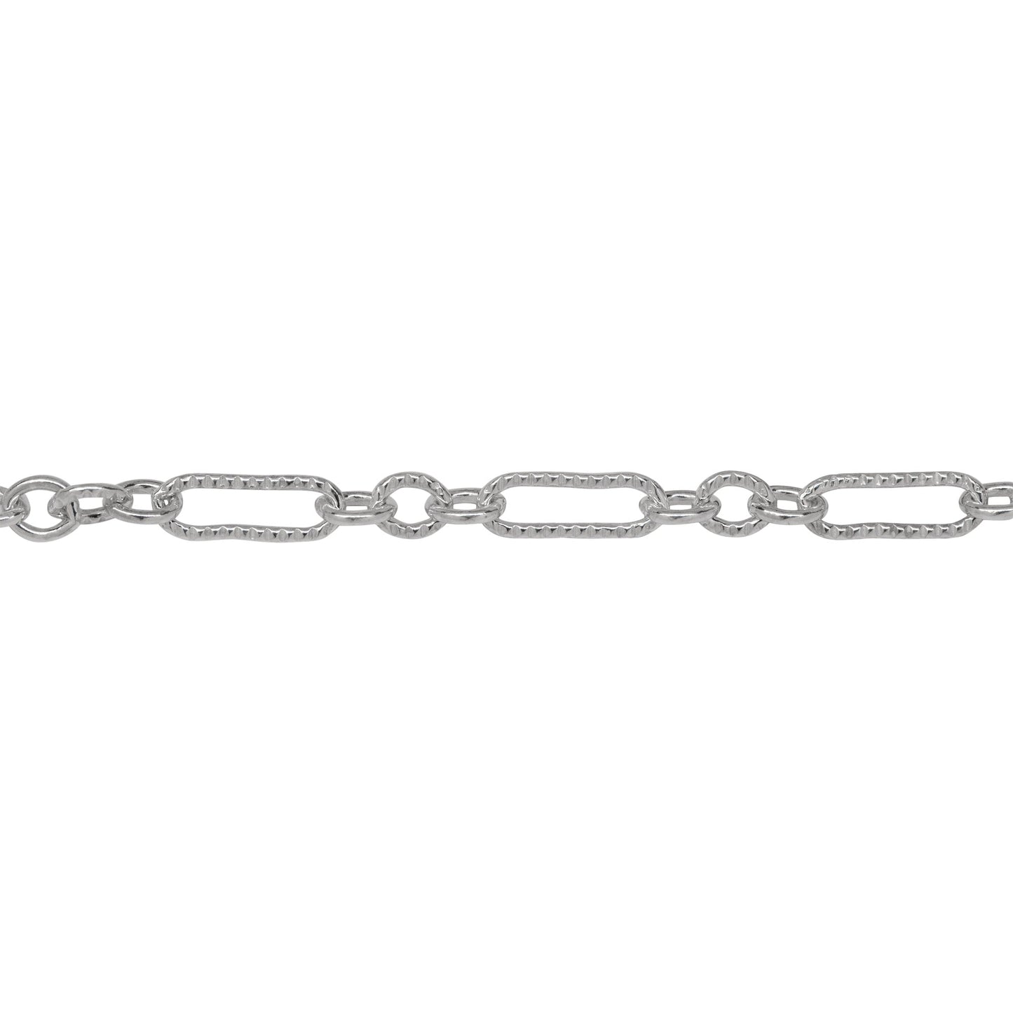 Chain by Foot. Sterling Silver One of 3.1mm Width by 9.4mm Length Corrugated Elongated Oval Link Followed by Three of 3.1mm Width by 4.0mm Length Smooth Oval Links with Middle Oval Link being Corrugated, Long and Short Chain. Price per: 1 Foot.