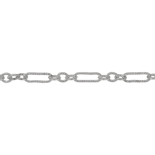 Chain by Foot. Sterling Silver One of 3.1mm Width by 9.4mm Length Corrugated Elongated Oval Link Followed by Three of 3.1mm Width by 4.0mm Length Smooth Oval Links with Middle Oval Link being Corrugated, Long and Short Chain. Price per: 1 Foot.
