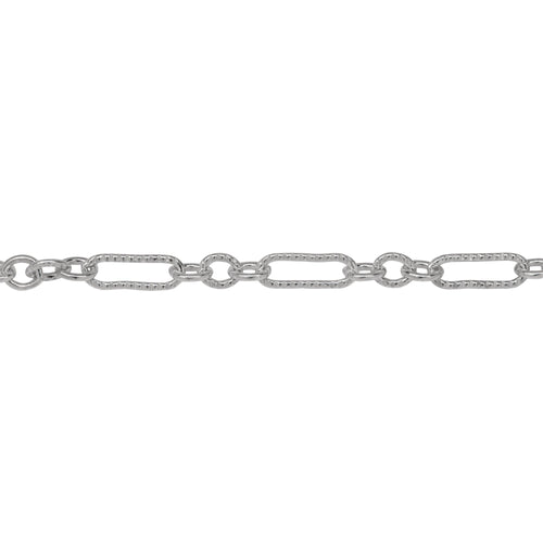 Chain by Foot. Sterling Silver One of 3.1mm Width by 9.4mm Length Corrugated Elongated Oval Link Followed by Three of 3.1mm Width by 4.0mm Length Smooth Oval Links with Middle Oval Link being Corrugated, Long and Short Chain. Price per: 1 Foot.