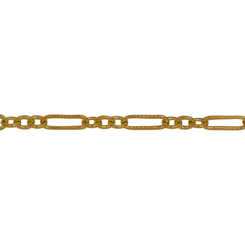 Chain by Foot. 14kt Gold Filled One of 3.1mm Width by 9.4mm Length Corrugated Elongated Oval Link Followed by Three of 3.1mm Width by 4.0mm Length Smooth Oval Links with Middle Oval Link being Corrugated, Long and Short Chain. Price per: 1 Foot.