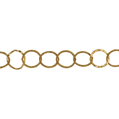 Chain by Foot. 14kt Gold Filled 7.2mm Width / Length Flat Hammered Circle Chain. Price per: 1 Foot.