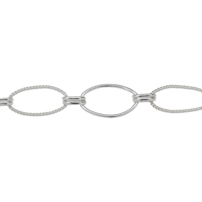 Chain by Foot. Sterling Silver One of 8.5mm Width by 14.5mm Length Smooth Oval Link and One of 8.0mm Width by 14.5mm Length Twisted Oval Link Connected with Double 3.0mm Width by 6.0mm Length Oval Rolo Links, Long and Short Chain. Price per: 1 Foot.