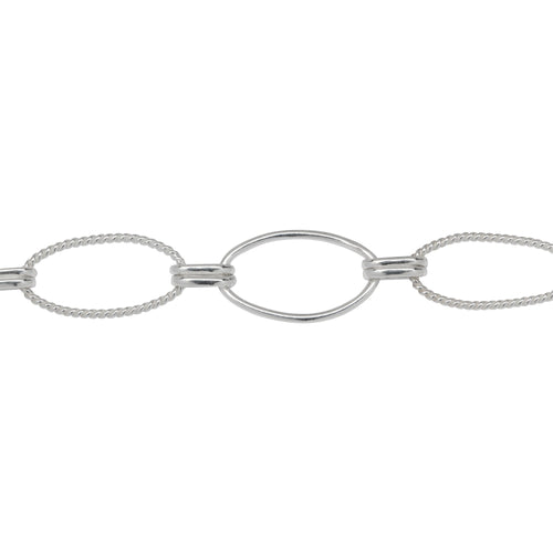 Chain by Foot. Sterling Silver One of 8.5mm Width by 14.5mm Length Smooth Oval Link and One of 8.0mm Width by 14.5mm Length Twisted Oval Link Connected with Double 3.0mm Width by 6.0mm Length Oval Rolo Links, Long and Short Chain. Price per: 1 Foot.