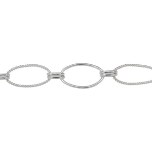Chain by Foot. Sterling Silver One of 8.5mm Width by 14.5mm Length Smooth Oval Link and One of 8.0mm Width by 14.5mm Length Twisted Oval Link Connected with Double 3.0mm Width by 6.0mm Length Oval Rolo Links, Long and Short Chain. Price per: 1 Foot.