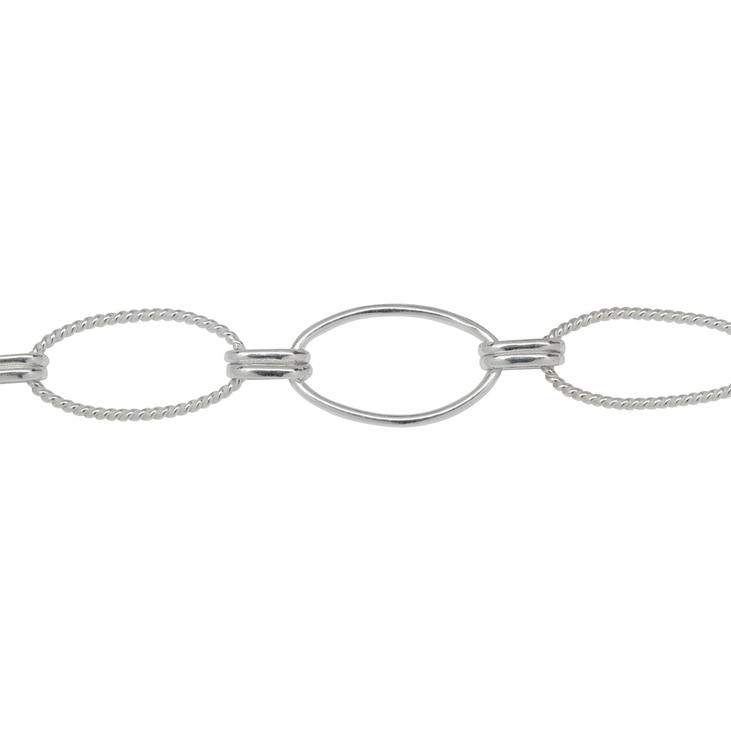 Chain by Foot. Sterling Silver One of 8.5mm Width by 14.5mm Length Smooth Oval Link and One of 8.0mm Width by 14.5mm Length Twisted Oval Link Connected with Double 3.0mm Width by 6.0mm Length Oval Rolo Links, Long and Short Chain. Price per: 1 Foot.
