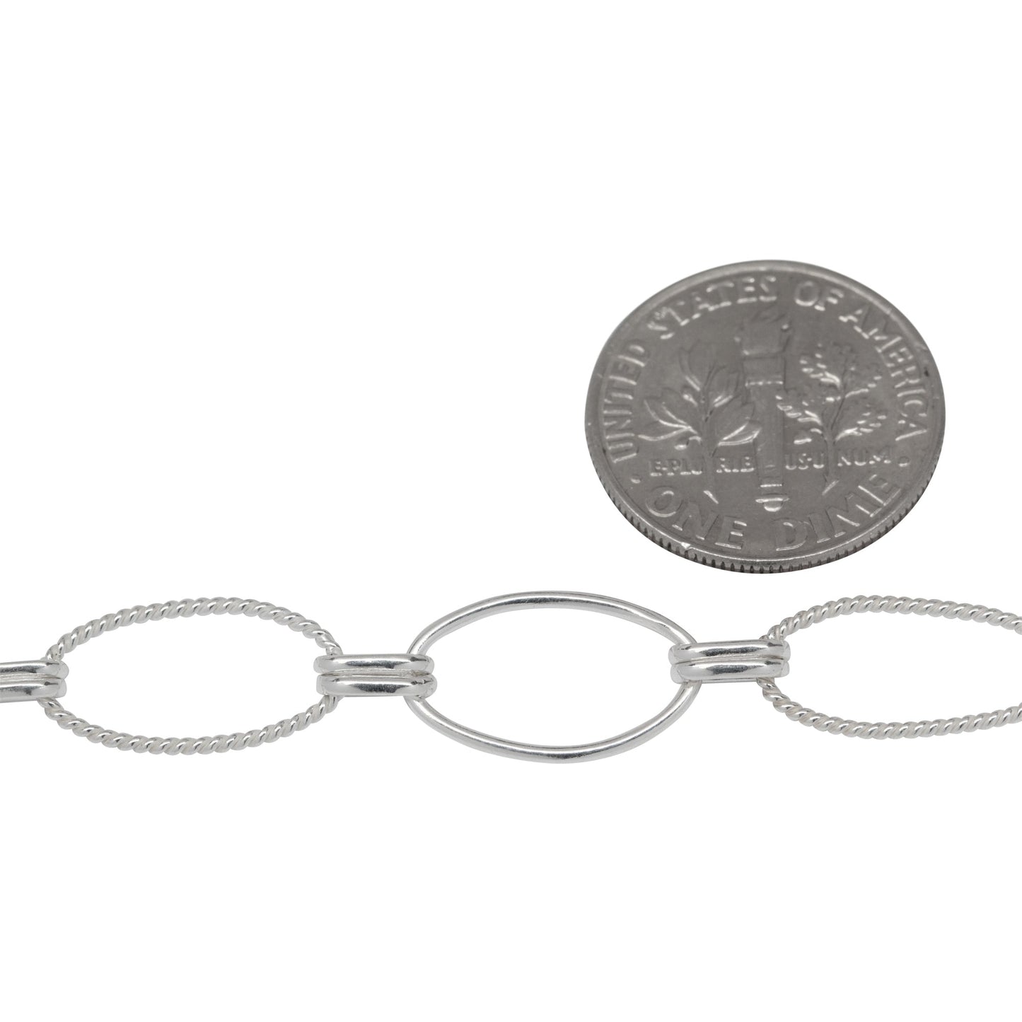 Sterling Silver One of 8.5mm Width by 14.5mm Length Smooth Oval Link and One of 8.0mm Width by 14.5mm Length Twisted Oval Link Connected with Double 3.0mm Width by 6.0mm Length Oval Rolo Links, Long and Short Chain. Price per: 1 Foot.