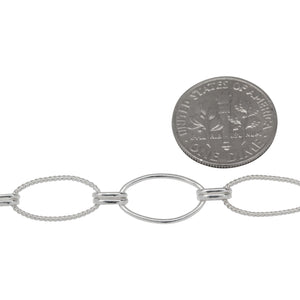 Sterling Silver One of 8.5mm Width by 14.5mm Length Smooth Oval Link and One of 8.0mm Width by 14.5mm Length Twisted Oval Link Connected with Double 3.0mm Width by 6.0mm Length Oval Rolo Links, Long and Short Chain. Price per: 1 Foot.