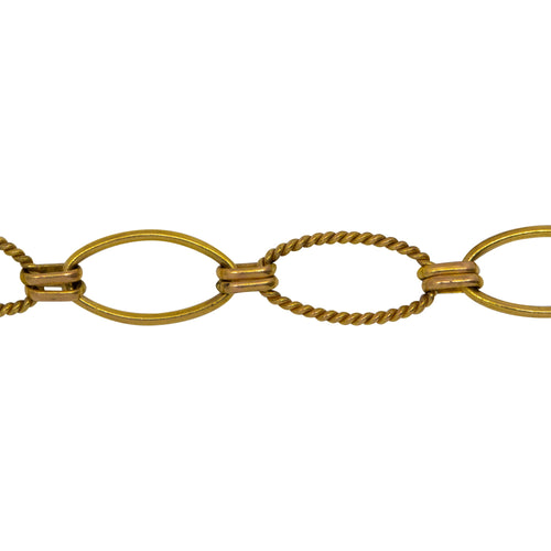 Chain by Foot. 14kt Gold Filled One of 8.5mm Width by 14.5mm Length Smooth Oval Link and One of 8.0mm Width by 14.5mm Length Twisted Oval Link Connected with Double 3.0mm Width by 6.0mm Length Oval Rolo Links, Long and Short Chain. Price per: 1 Foot.