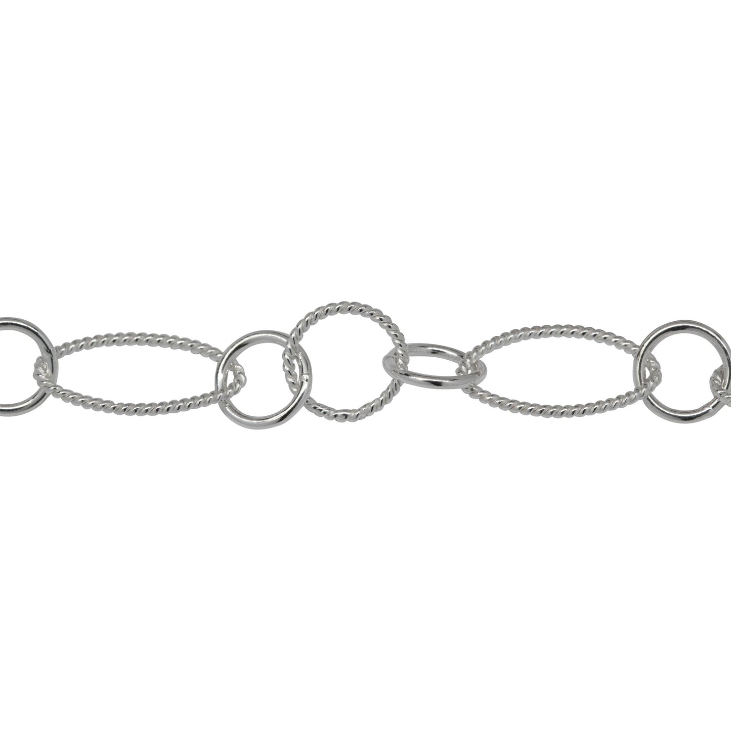 Chain by Foot. Sterling Silver Two of 8.0mm Width by 14.0mm Length Twisted Oval Links Connected to Two of 7.0mm Smooth Cricle Links With One of 8.3mm Twisted Circle Link in the Middle of Smooth Circle Links, Long and Short Chain. Price per: 1 Foot.