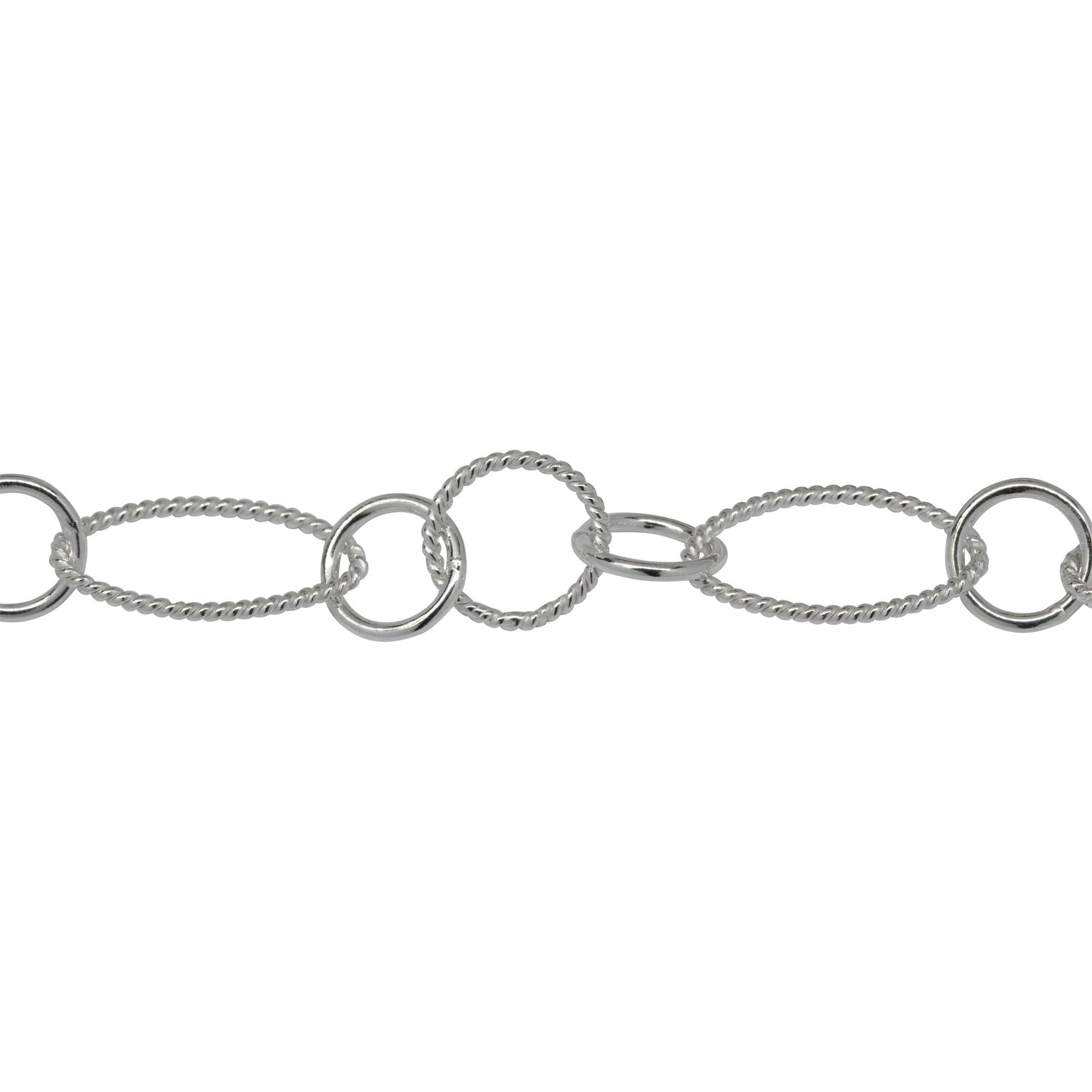 Chain by Foot. Sterling Silver Two of 8.0mm Width by 14.0mm Length Twisted Oval Links Connected to Two of 7.0mm Smooth Cricle Links With One of 8.3mm Twisted Circle Link in the Middle of Smooth Circle Links, Long and Short Chain. Price per: 1 Foot.