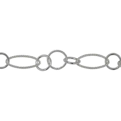 Chain by Foot. Sterling Silver Two of 8.0mm Width by 14.0mm Length Twisted Oval Links Connected to Two of 7.0mm Smooth Cricle Links With One of 8.3mm Twisted Circle Link in the Middle of Smooth Circle Links, Long and Short Chain. Price per: 1 Foot.