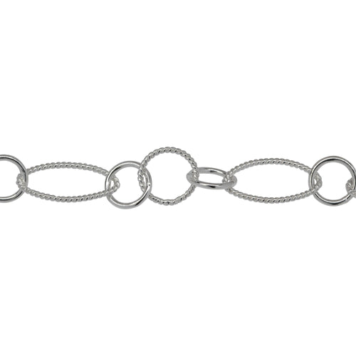 Chain by Foot. Sterling Silver Two of 8.0mm Width by 14.0mm Length Twisted Oval Links Connected to Two of 7.0mm Smooth Cricle Links With One of 8.3mm Twisted Circle Link in the Middle of Smooth Circle Links, Long and Short Chain. Price per: 1 Foot.