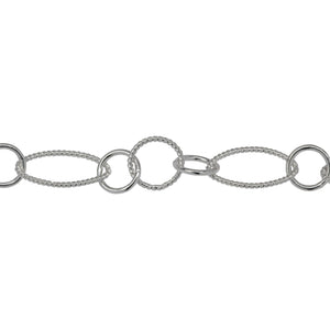 Chain by Foot. Sterling Silver Two of 8.0mm Width by 14.0mm Length Twisted Oval Links Connected to Two of 7.0mm Smooth Cricle Links With One of 8.3mm Twisted Circle Link in the Middle of Smooth Circle Links, Long and Short Chain. Price per: 1 Foot.