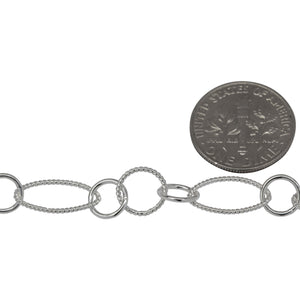 Sterling Silver Two of 8.0mm Width by 14.0mm Length Twisted Oval Links Connected to Two of 7.0mm Smooth Cricle Links With One of 8.3mm Twisted Circle Link in the Middle of Smooth Circle Links, Long and Short Chain. Price per: 1 Foot.