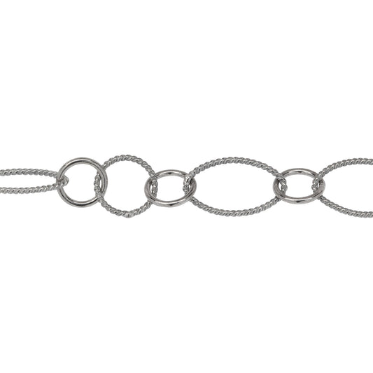 Chain by Foot. Sterling Silver Oxidized Two of 8.0mm Width by 14.0mm Length Twisted Oval Links Connected to Two of 7.0mm Smooth Cricle Links With One of 8.3mm Twisted Circle Link in the Middle of Smooth Circle Links, Long and Short Chain. Price per: 1 Foot.