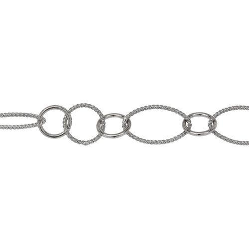 Chain by Foot. Sterling Silver Oxidized Two of 8.0mm Width by 14.0mm Length Twisted Oval Links Connected to Two of 7.0mm Smooth Cricle Links With One of 8.3mm Twisted Circle Link in the Middle of Smooth Circle Links, Long and Short Chain. Price per: 1 Foot.
