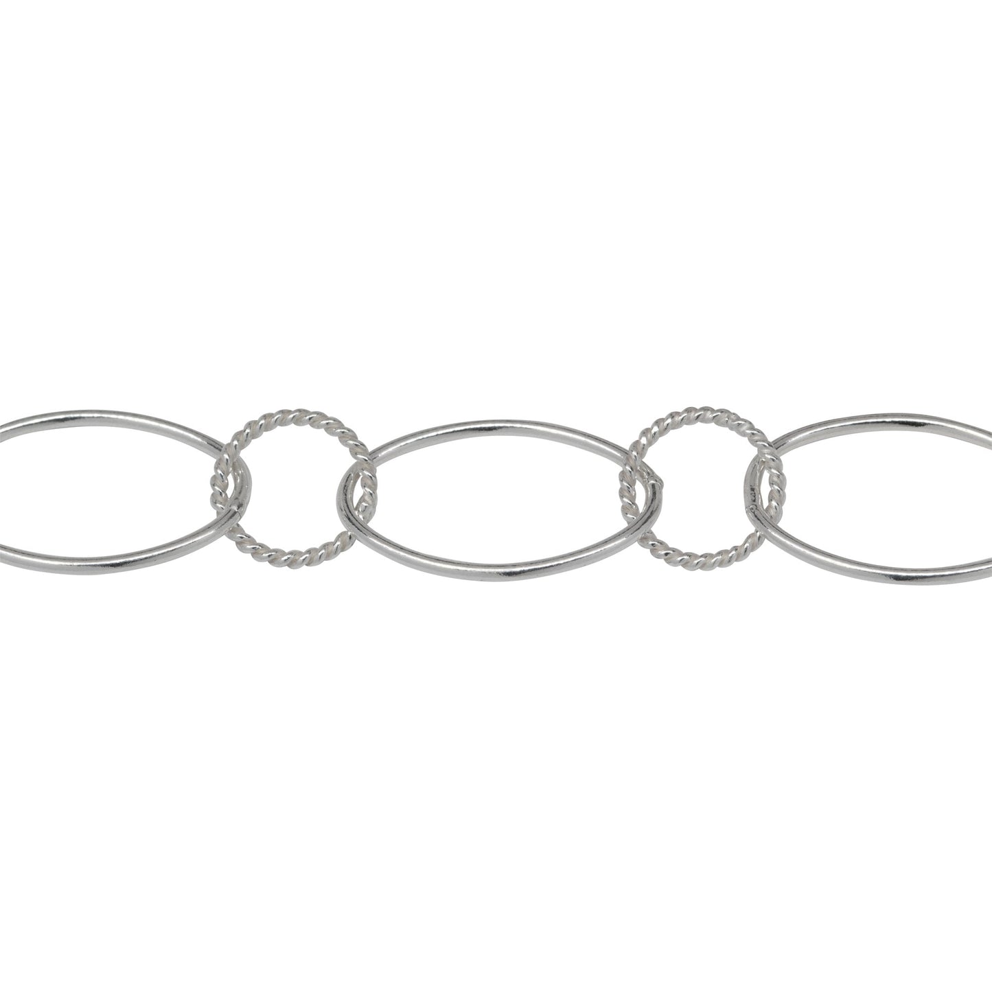 Chain by Foot. Sterling Silver 10.2mm Width by 16.2mm Smooth Oval Link Connected to 8.2mm Twisted Circle Link, Long and Short Chain. Price per: 1 Foot.