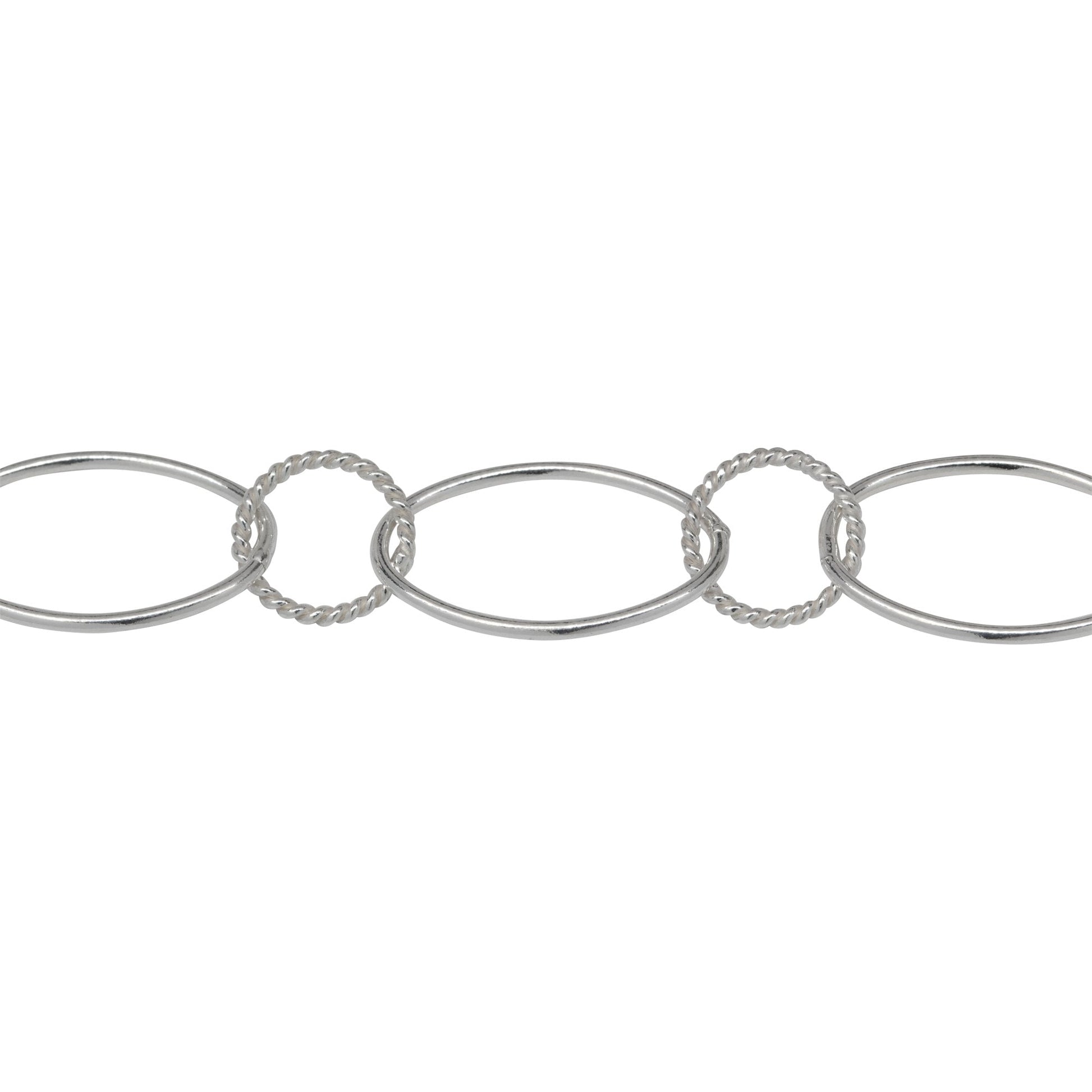 Chain by Foot. Sterling Silver 10.2mm Width by 16.2mm Smooth Oval Link Connected to 8.2mm Twisted Circle Link, Long and Short Chain. Price per: 1 Foot.