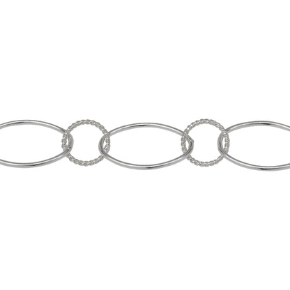 Chain by Foot. Sterling Silver 10.2mm Width by 16.2mm Smooth Oval Link Connected to 8.2mm Twisted Circle Link, Long and Short Chain. Price per: 1 Foot.