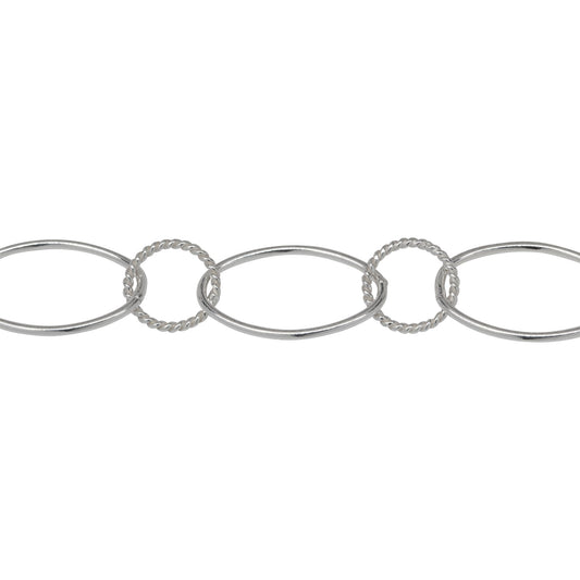 Chain by Foot. Sterling Silver 10.2mm Width by 16.2mm Smooth Oval Link Connected to 8.2mm Twisted Circle Link, Long and Short Chain. Price per: 1 Foot.