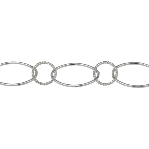 Chain by Foot. Sterling Silver 10.2mm Width by 16.2mm Smooth Oval Link Connected to 8.2mm Twisted Circle Link, Long and Short Chain. Price per: 1 Foot.