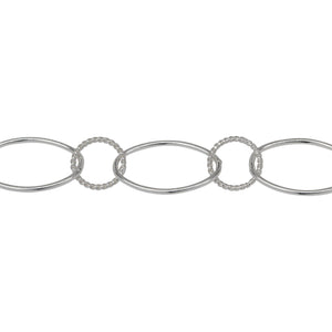 Chain by Foot. Sterling Silver 10.2mm Width by 16.2mm Smooth Oval Link Connected to 8.2mm Twisted Circle Link, Long and Short Chain. Price per: 1 Foot.